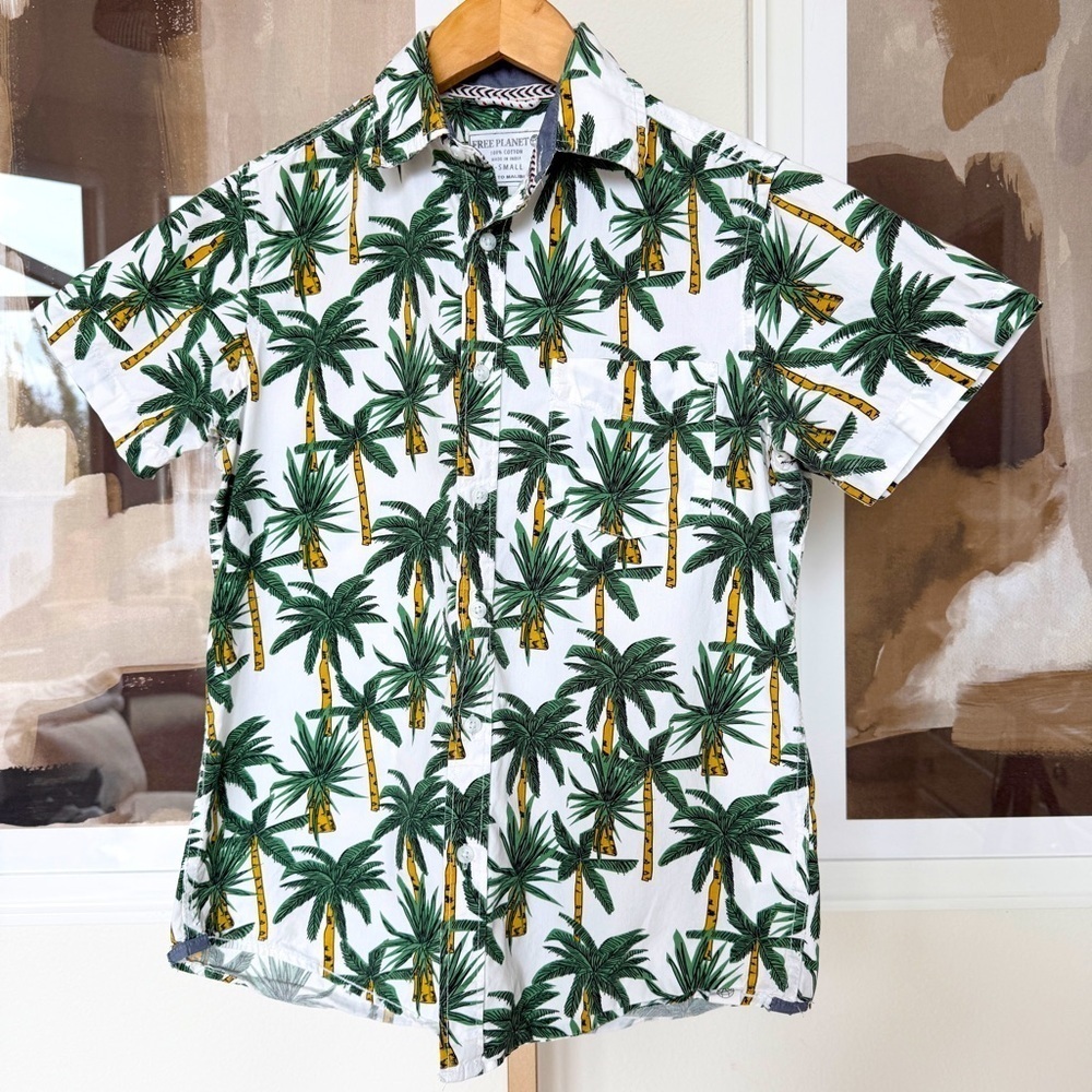 Free Planet Men's XS Tropical Palm Tree Graphic Button-Up Shirt Summer Cotton